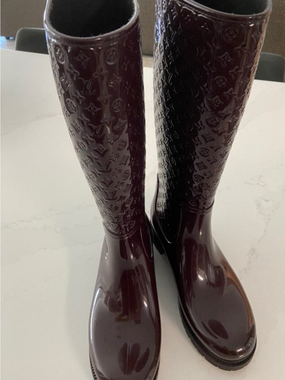 Louis Vuitton Glossy Tall Monogram Rain Boots in Deep Burgundy